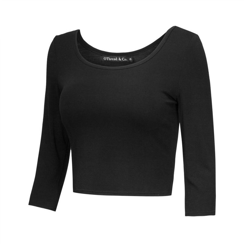 OThread & Co. Women's Crop Tops Basic Stretchy Scoop Neck 3/4 Sleeve T-Shirt (Large, Black) - Image 2